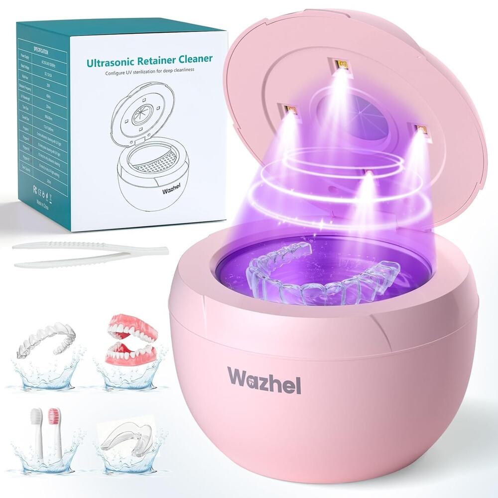 Ultrasonic Retainer Cleaner Machine, 45kHz for Denture, Aligner, 200ML Pink